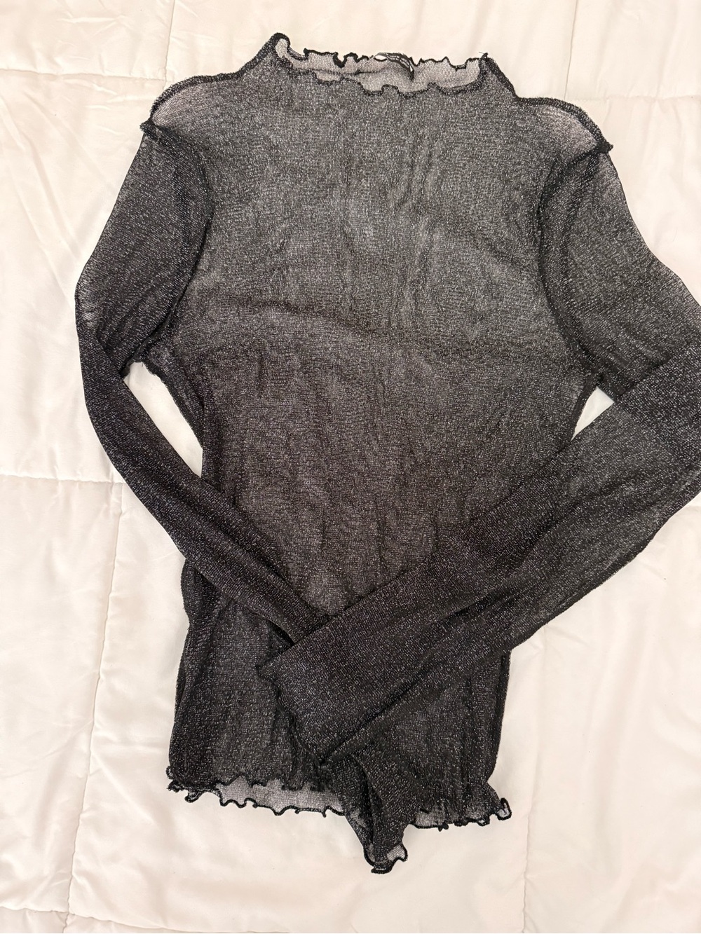 Zara Sheer Metallic Long-Sleeve Top in Black M